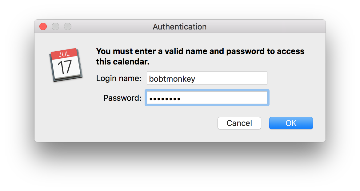 Apple Calendar authentication