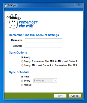 MilkSync for Microsoft Outlook settings window